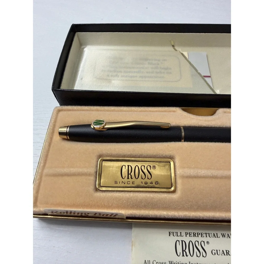 CROSS Rolling Ball Pen Black Gold Trim Vintage 1990 Engraved with Box Refills
